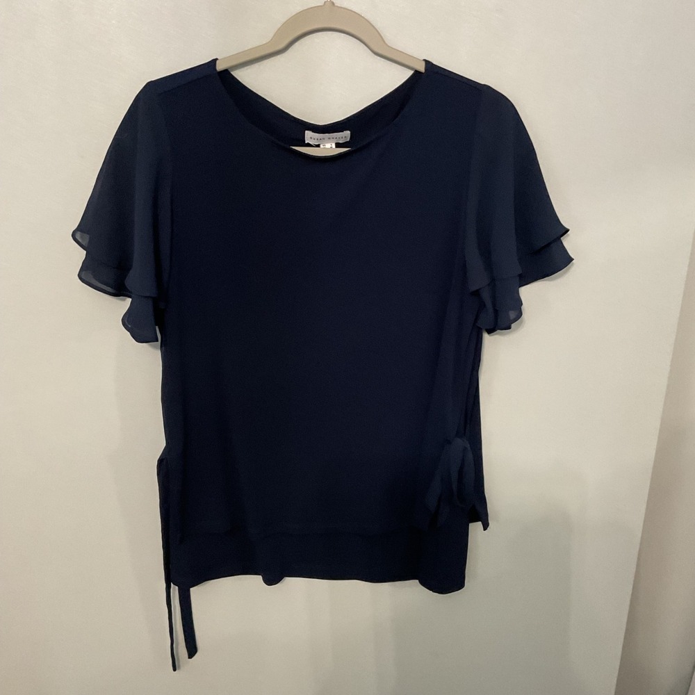 Susan Graver Womens Navy Blue Ruffle Sleeve Tie Waist Blouse Size S - Picture 4 of 5